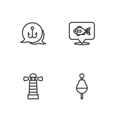 Balıkçı oltası fener kancası ve konum balıkçılık ikonu ayarla. Vektör.