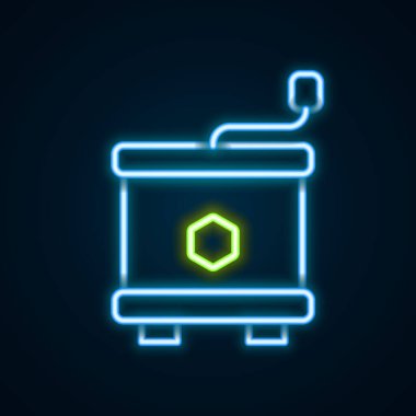 Parlayan neon hattı Bal sökücü simgesi siyah arkaplanda izole edildi. Balpeteklerinden bal çıkarmak için mekanik bir cihaz. Renkli taslak konsepti. Vektör