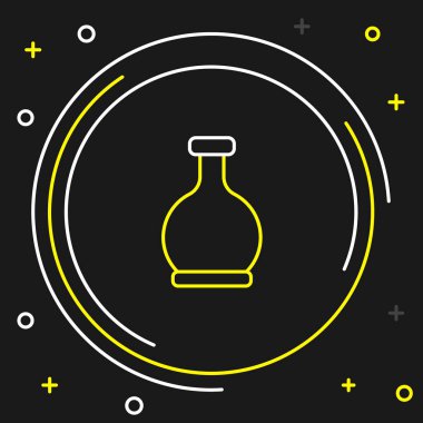 Siyah zemin üzerinde iksir ikonu olan çizgi şişesi. Sihirli iksirli matara. Mutlu Cadılar Bayramı Partisi. Renkli taslak konsepti. Vektör