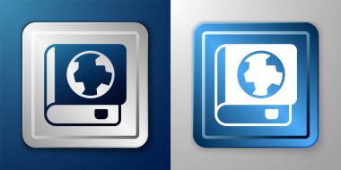 Beyaz Dünya küresi ve kitap ikonu mavi ve gri arka planda izole edilmiş. Dünya ya da Dünya işareti. Küresel internet sembolü. Geometrik şekiller. Gümüş ve mavi kare düğme. Vektör