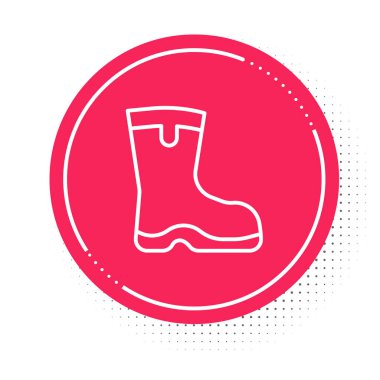 Beyaz çizmeli balıkçı botu simgesi beyaz arkaplanda izole edildi. Su geçirmez lastik bot. Yağmurlu hava, balıkçılık, avcılık, bahçe işleri için çizme. Kırmızı daire düğmesi. Vektör