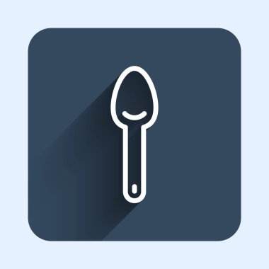 Beyaz çizgi kaşık simgesi uzun gölge arkaplanı ile izole edildi. Mutfak aletleri. Çatal bıçak seti. Mavi kare düğme. Vektör