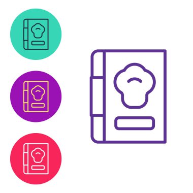 Satır Yemek Kitabı simgesini beyaz arkaplanda izole et. Yemek kitabı ikonu. Yemek tarifi kitabı. Çatal ve bıçak ikonları. Çatal bıçak sembolü. Simgeleri renklendirin. Vektör