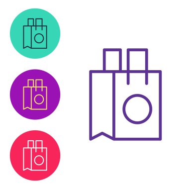 Beyaz arkaplanda izole edilmiş kağıttan alışveriş poşeti simgesi ayarla. Paket işareti. Simgeleri renklendirin. Vektör