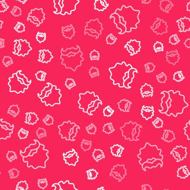 Beyaz çizgili bıyık ve sakal ikonu kırmızı arkaplanda pürüzsüz desen izole etti. Berber dükkanı sembolü. Yüz kılı stili. Vektör