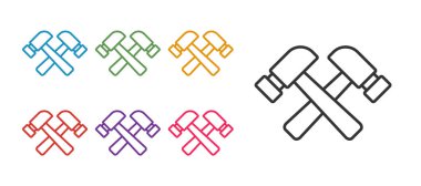 Çizgi çaprazlanmış çekiç simgesi beyaz arkaplanda izole edildi. Tamir için bir araç. Simgeleri renklendirin. Vektör