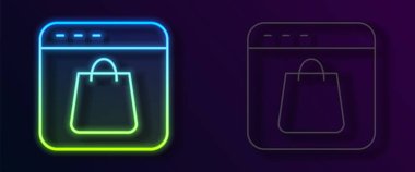Siyah arkaplanda parlayan neon hattı çevrimiçi alışveriş simgesi izole edildi. Konsept e-ticaret, e-ticaret, online iş pazarlama. Vektör