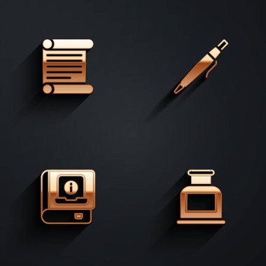 KHK parşömen parşömeni parşömen parşömeni parşömen el kitabını ve uzun gölgeli Inkwell simgesini ayarla. Vektör.