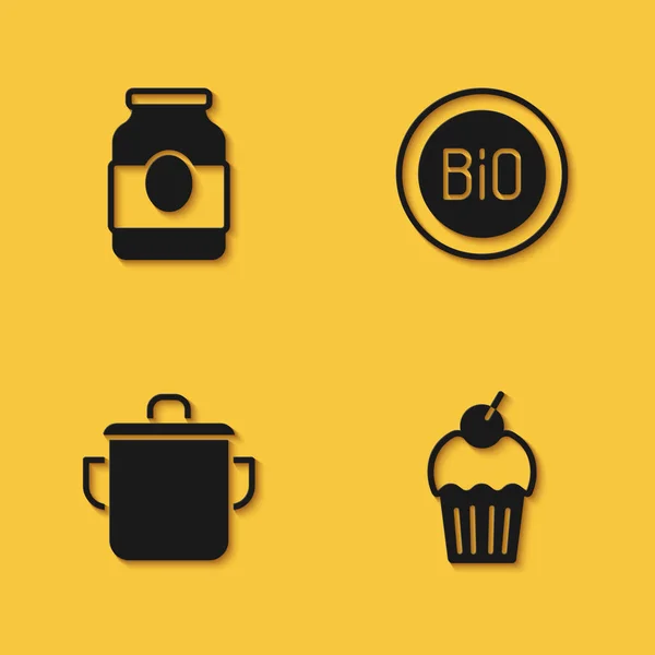 Set Jam Jar Muffin Cooking Pot Banner Bio Icon Long —  Vetores de Stock