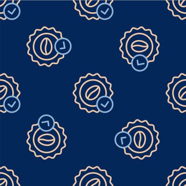 Kahve ikonu için çizgi madalyası mavi arka planda izole edilmiş pürüzsüz desen. Kaliteli kahve rozeti. Vektör