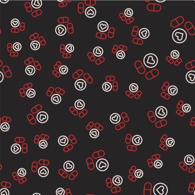 Çizgi tıp hapı ya da tablet ikonu siyah arkaplanda kusursuz desen izole etti. Kapsül hapı ve uyuşturucu işareti. Eczane tasarımı. Vektör