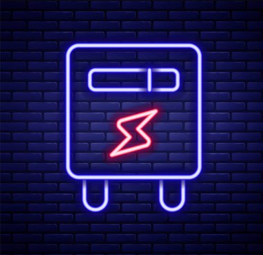 Parlayan neon hattı elektrik sayacı simgesi tuğla duvar arka planında izole edildi. Renkli taslak konsepti. Vektör