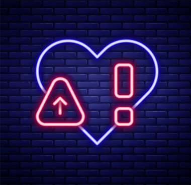 Parlayan neon hattı kalp atış hızı simgesi tuğla duvar arkasında izole edildi. Kalp atışı işareti. Kalp atışı ikonu. Kardiyogram simgesi. Renkli taslak konsepti. Vektör