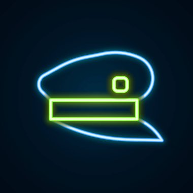 Parlayan neon hattı tren şoförü şapkası simgesi siyah arkaplanda izole edildi. Renkli taslak konsepti. Vektör.