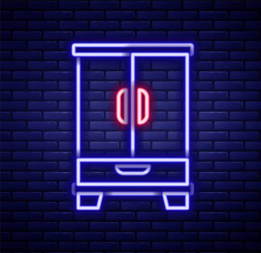 Parlayan neon çizgili gardırop simgesi tuğla duvar arkasında izole edilmiş. Dolap tabelası. Renkli taslak konsepti. Vektör.