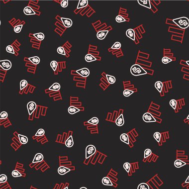 Çizgi pasta grafiği bilgisi ve dolar sembolü simgesi siyah arkaplanda izole edilmiş kusursuz desen. Diyagram çizelgesi. Vektör.