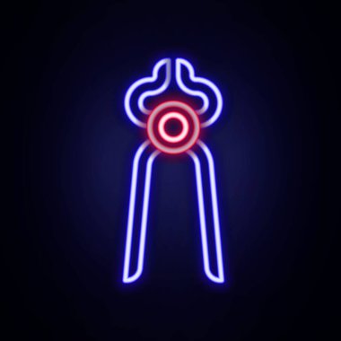 Parlayan neon hattı Blacksmith kerpeten alet simgesi tuğla duvar arka planında izole edildi. Renkli taslak konsepti. Vektör.