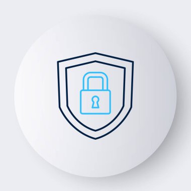 Beyaz arka planda kilit simgesi olan çizgi kalkanı güvenliği. Koruma, güvenlik, şifre güvenliği. Güvenlik duvarı gizlilik levhası. Renkli taslak konsepti. Vektör.