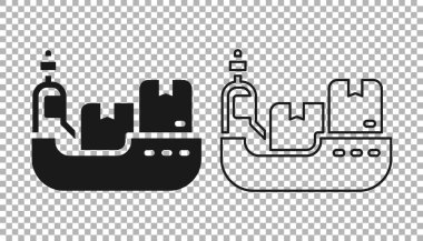 Şeffaf arkaplanda kutucuk servis simgesine sahip kara kargo gemisi. Teslimat, ulaşım. Paketleri, kutuları, malları olan bir şilep. Vektör.