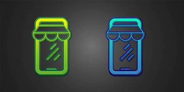 Siyah arka planda izole edilmiş yeşil ve mavi çevrimiçi telefon ikonu alışverişi. İnternet dükkanı, mobil mağaza uygulaması ve faturalar. Vektör.