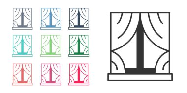 Beyaz arka planda izole edilmiş oda simgesinde perdeleri olan siyah pencere. Simgeleri renklendirin. Vektör.