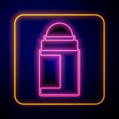 Parlayan neon önleyici deodorant rulo simgesi siyah arkaplanda izole edildi. Vücut hijyeni için kozmetik. Vektör.