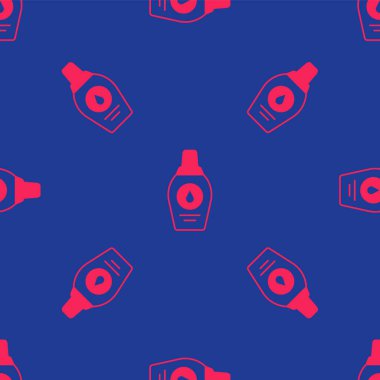 Kırmızı şampuan ikonu şişesi mavi arka planda izole edilmiş pürüzsüz desen. Vektör.