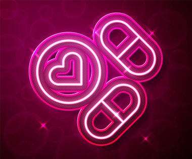 Kırmızı arkaplanda parlayan neon hattı ilaç veya tablet ikonu var. Kapsül hapı ve uyuşturucu işareti. Eczane tasarımı. Vektör.