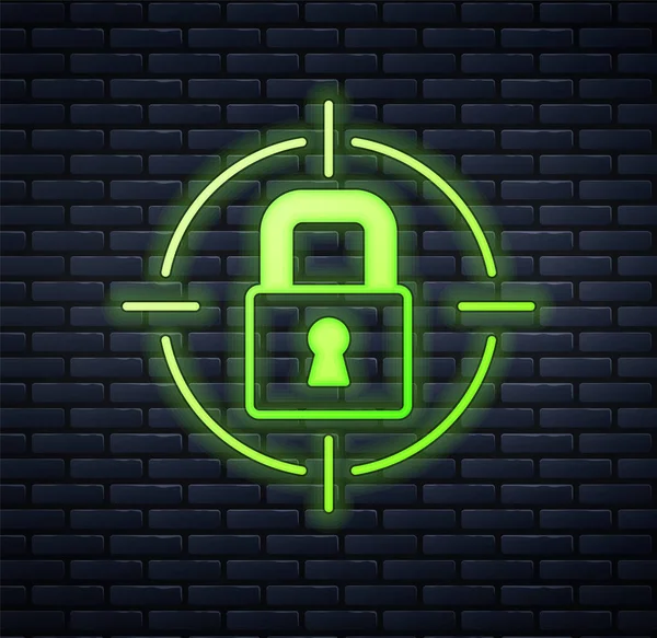 Leuchtende Neon Lock Symbol Isoliert Auf Backsteinwand Hintergrund Vorhängeschloss Sicherheit — Stockvektor