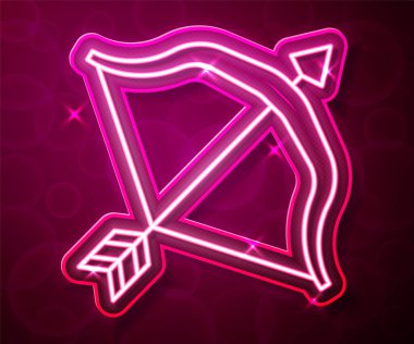 Glowing neon line Medieval bow and arrow icon isolated on red background. Medieval weapon. Vector.