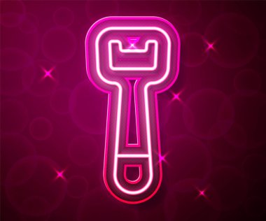 Parlayan neon hattı şişe açma simgesi kırmızı arkaplanda izole edildi. Vektör.