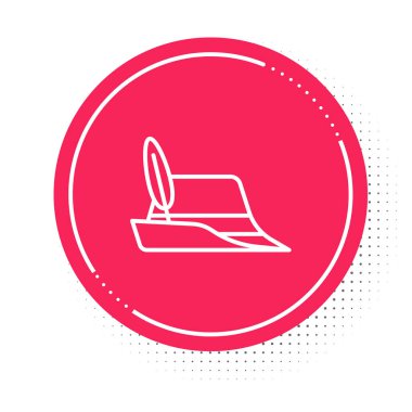 Beyaz çizgi Oktoberfest şapka simgesi beyaz arkaplanda izole edildi. Tüylü avcı şapkası. Alman şapkası. Kırmızı daire düğmesi. Vektör.