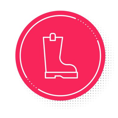 Beyaz çizmeye dayanıklı lastik bot simgesi beyaz arkaplanda izole edildi. Yağmurlu hava, balıkçılık, bahçe işleri için çizme. Kırmızı daire düğmesi. Vektör.