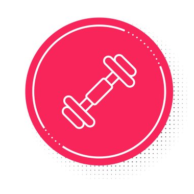Beyaz çizgi Dumbbell simgesi beyaz arkaplanda izole edildi. Kas kaldırma, fitness halteri, spor malzemeleri. Kırmızı daire düğmesi. Vektör.
