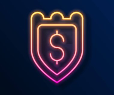 Siyah arkaplanda dolar sembolü olan parlak neon hattı kalkanı. Güvenlik kalkanı koruması. Para güvenliği konsepti. Vektör.
