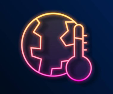 Parlayan neon hattı Dünya gezegeni eriyerek küresel ısınma simgesine dönüşüyor. Siyah arka planda izole edilmiş. Ekolojik problemler ve çözümler - termometre. Vektör.