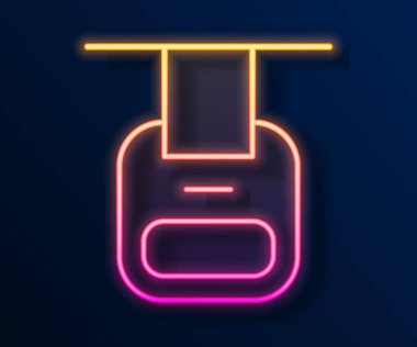 Parlayan neon hattı kablo araba simgesi siyah arkaplanda izole edildi. Füniküler işaret. Vektör.