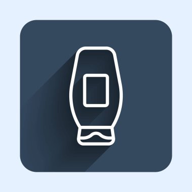 Beyaz çizgi şampuan şişesi uzun gölge arkaplan izole. Mavi kare düğme. Vektör.