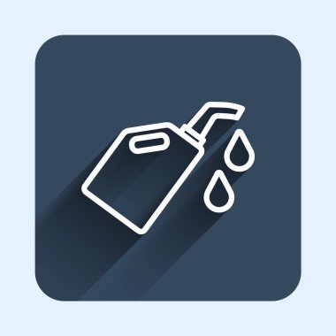 Motor makine yağı ikonu için beyaz çizgi kutusu uzun gölge arkaplanı ile izole edilmiş. Benzin bidonu. Yağ değiştirme ve onarım servisi. Mavi kare düğme. Vektör.