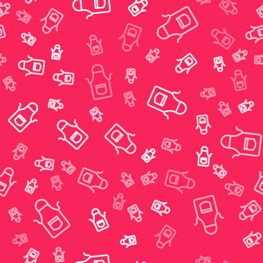 Beyaz çizgi Blacksmith önlük ikonu kırmızı arkaplanda pürüzsüz desen izole etti. Koruyucu giysi ve alet işçisi. Vektör.