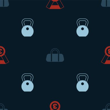 Madalya spor çantasını ve ağırlığı pürüzsüz desenlere ayarlayın. Vektör.