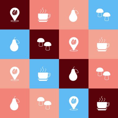 Pop sanat mekanını yaprak kahve fincanı armut ve mantar ikonu ile ayarla. Vektör.