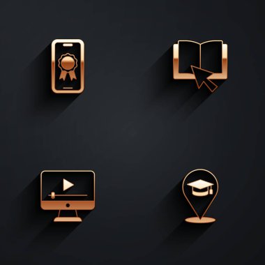 Diploma kitabı ile çevrimiçi eğitim, video oyunu ve uzun gölgeli ikon ayarla. Vektör.