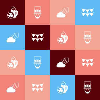 Pop Art Glass of Beprechaun Gökkuşağı 'nı bulut ve karnaval çelenk ikonu ile donatın. Vektör.