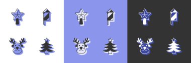 Noel ağacı yıldızı Ren Geyiği ve Havai fişek roket ikonunu ayarla. Vektör.