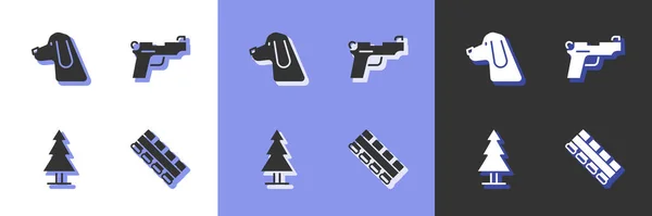 Set Hunting Cartridge Belt Dog Tree Pistol Gun Icon Vector — Stock Vector