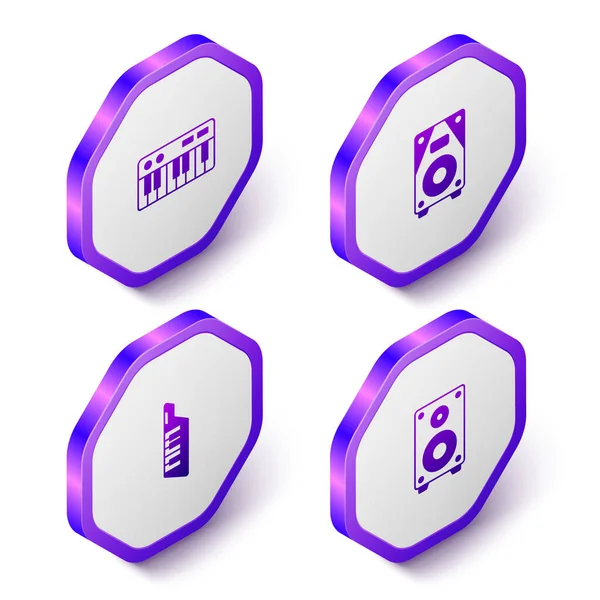 Set Isometric Music Synthesizer Stereo Speaker Keytar Icon Purple Hexagon — Stock Vector