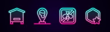 Kovan hattını arılar için ayarla. Bal peteği konumu. Dur ve... Parlayan neon ikonu. Vektör.