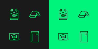 Online eğitim ve kitap ikonuna dizüstü bilgisayardan Mezuniyet Başlığı koy. Vektör.