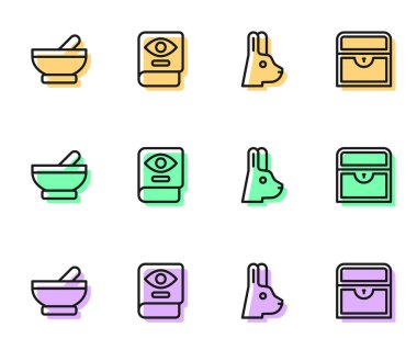 Kulaklı Tavşan Cadı Kazanı Antik Sihir Kitabı ve Antika Hazine Sandığı ikonu. Vektör.